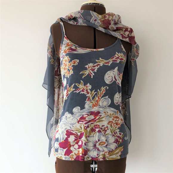 Grey Floral Printed Tank with Attached Silk Poncho - Picture 5 of 9